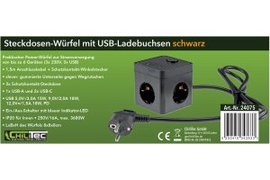 Steckdosen-Würfel mit USB-Ladebuchsen USB-A /USB-C,3-fach 1,5m Kabel schwarz