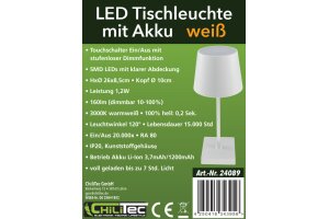 LED Akku Tischleuchte 26cm dimmbar USB-C 160Lumen 1200mAh 3000k Weiß