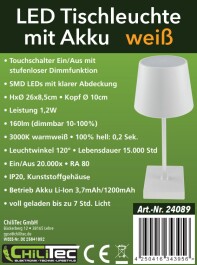LED Akku Tischleuchte 26cm dimmbar USB-C 160Lumen 1200mAh 3000k Weiß