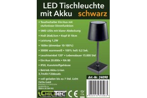 LED Akku Tischleuchte 26cm dimmbar USB-C 160Lumen 1200mAh 3000k schwarz