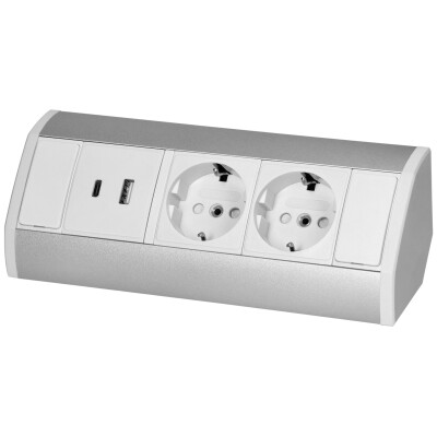 Steckdosenblock Aufbau silber-weiß 2-fach 2x USB (Typ A+C) 3680W