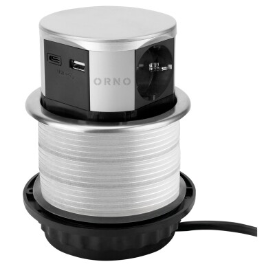 Tisch-Einbausteckdose Ø10cm 3A 3x Schuko 2x USB A+C silber versenkbar